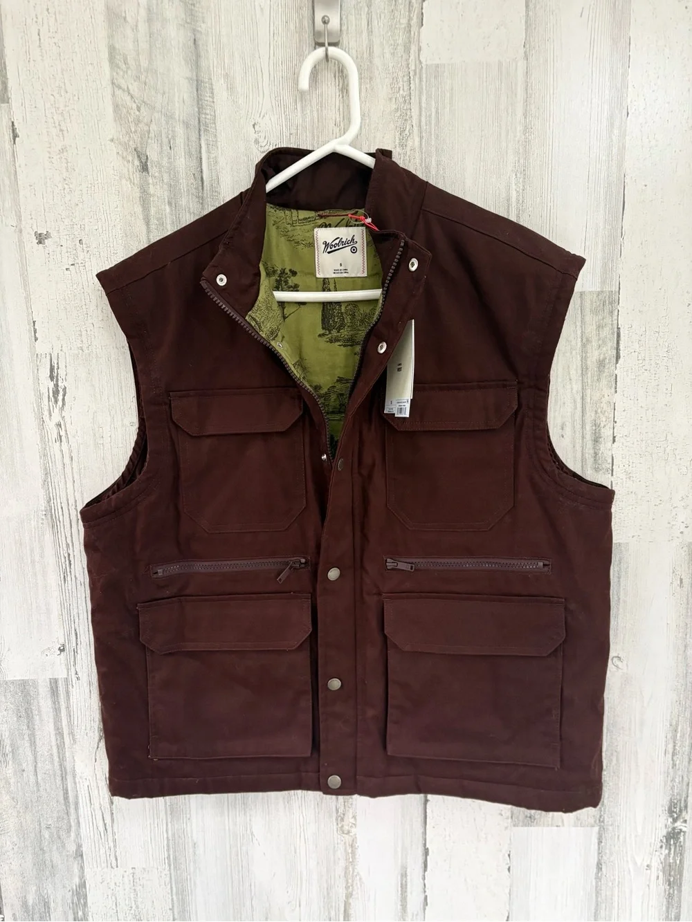 Woolrich Men’s Size Small Full Zip Lined Vest In Brown Multi Pockets NWT